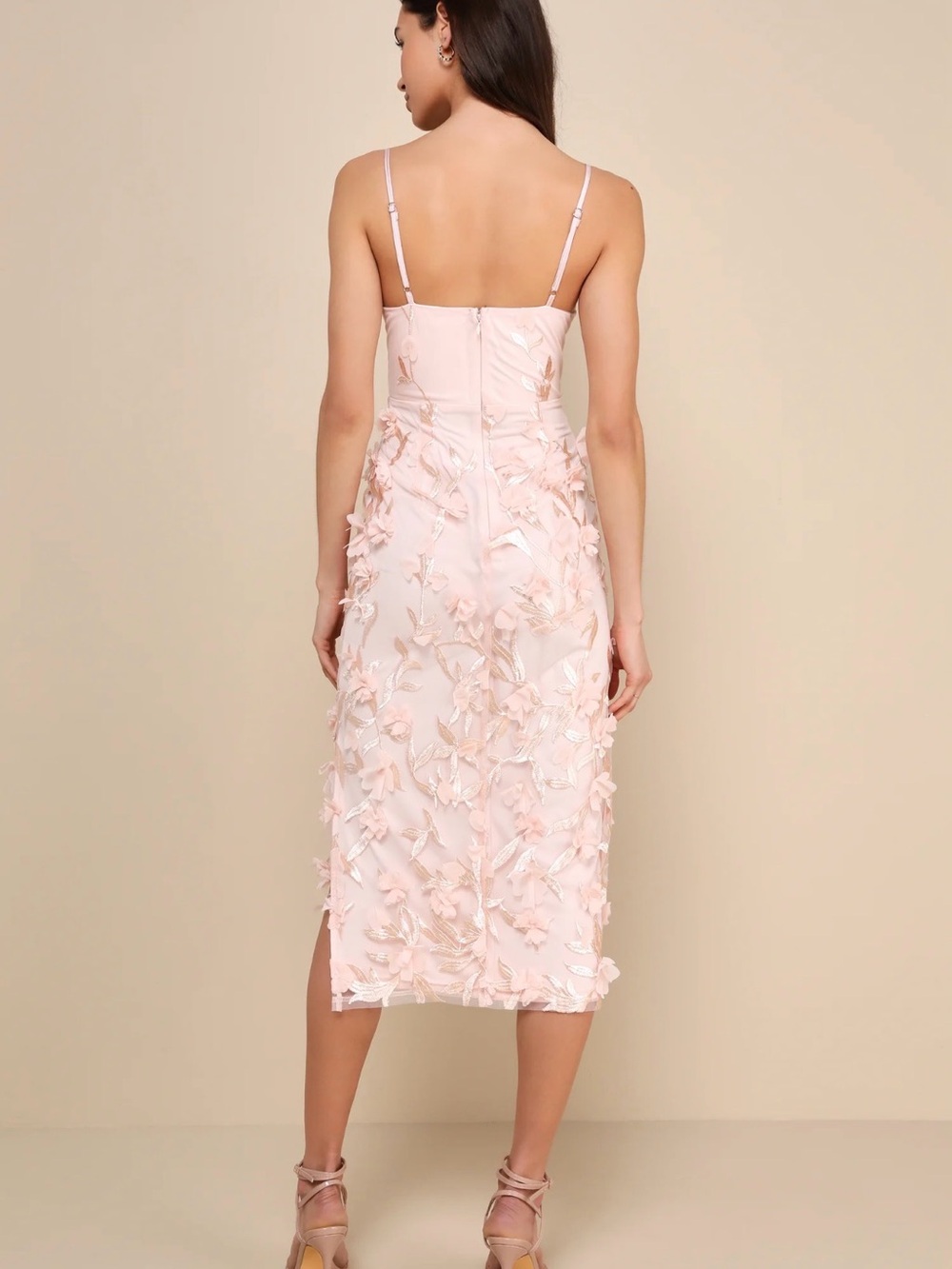 Lulus Limitless Adoration Blush Pink 3D Floral Embroidered Midi Dress NWT